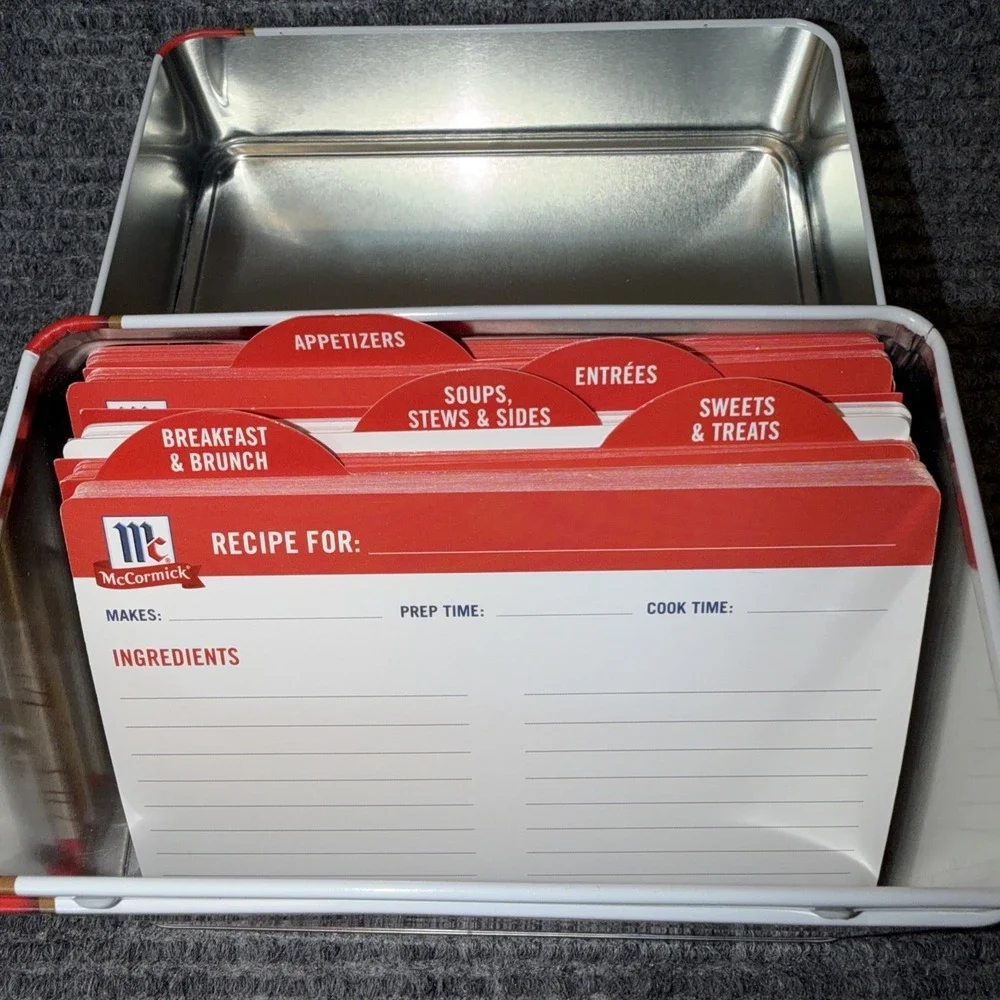 McCormick Red White Metal Recipe Box with Lid and Recipe Cards